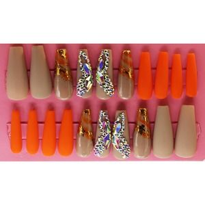 Butterfly Orange Nude Matte Finish Long Stiletto Orange Press On Nails Long